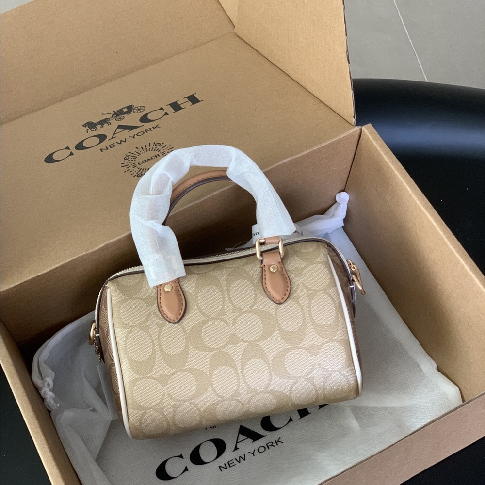 Coach Beige Signature Satchel with Tan Leather Handles and Gold Hardware - Picture 3 of 7